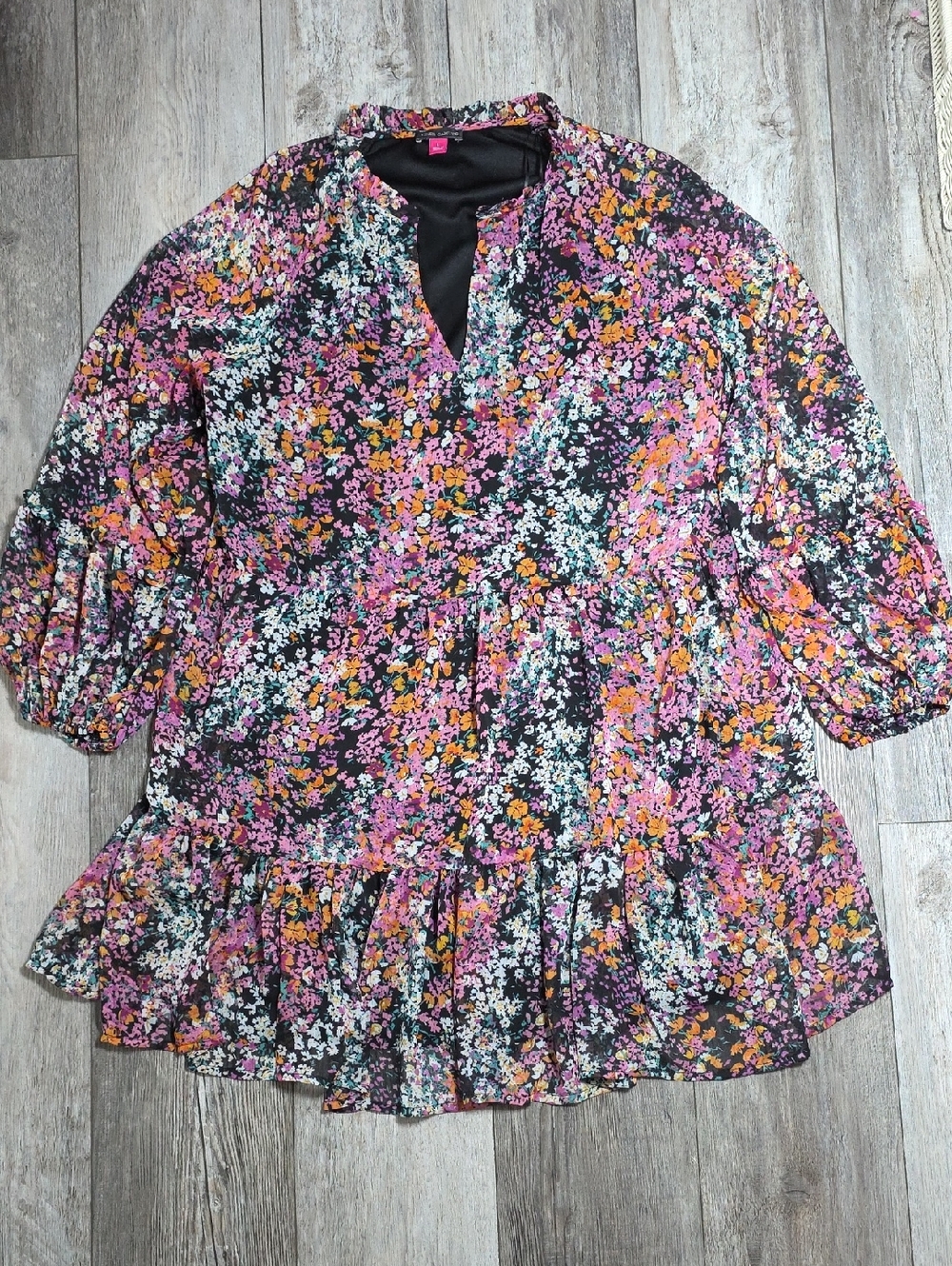 Vince Camuto Floral AOP 3 Tier Boho Babydoll Mini Dress Sz Lg
